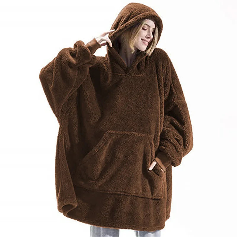 New Winter Women Double-faced Fleece Hoodie Blanket Oversize Large Pocket Warm Couple Loose Sweatshirts Women And Men Robe