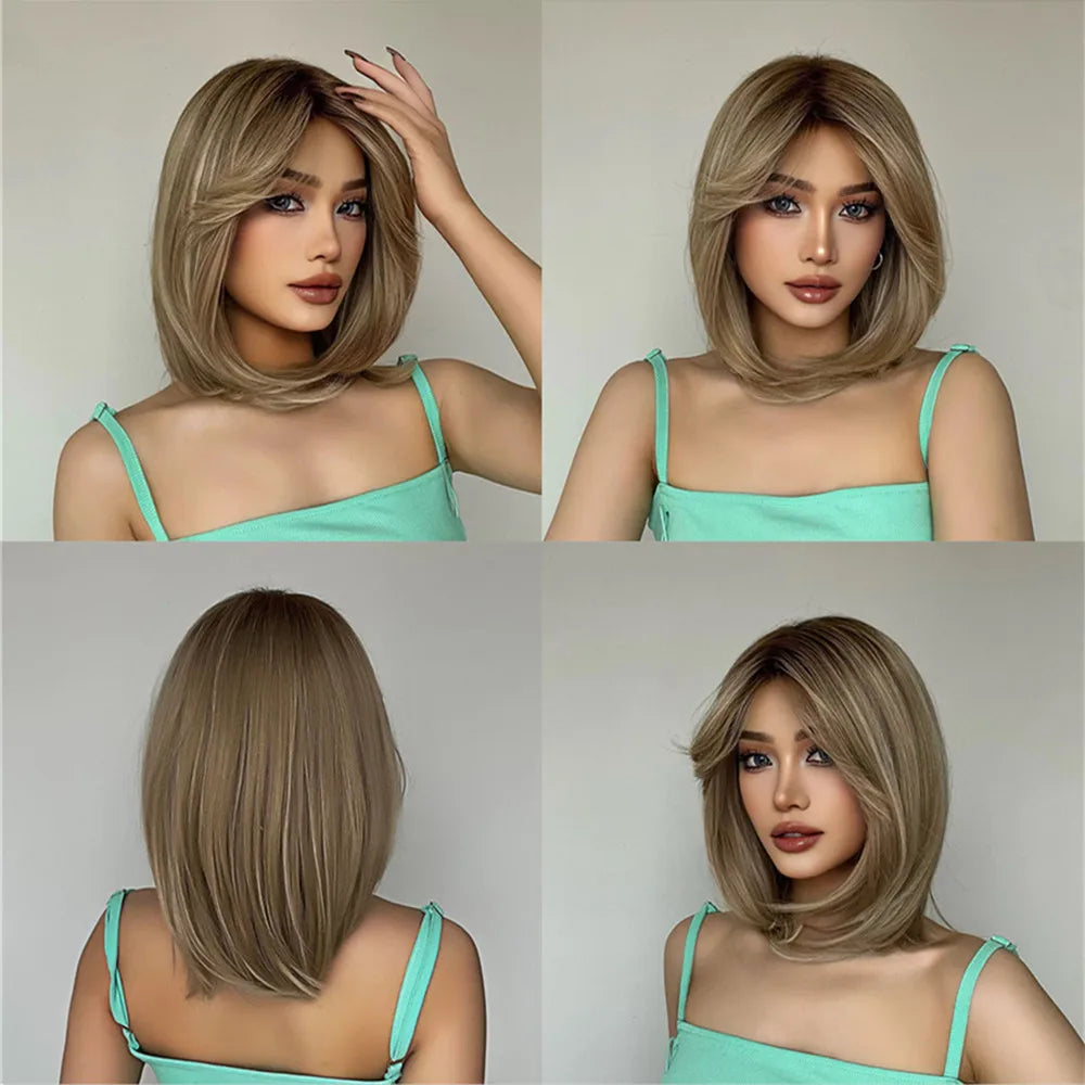 ALAN EATON Layered Synthetic Wigs with Bangs Straight Short Highlights Blonde Hair Wig with for Women Natural Daily Cosplay Wigs