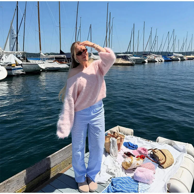 Women Solid Off Shoulder Pullover Fashion Classic Full Sleeve Loose Knitted Mohair Knitwear Lady High Street Autumn Sweaters