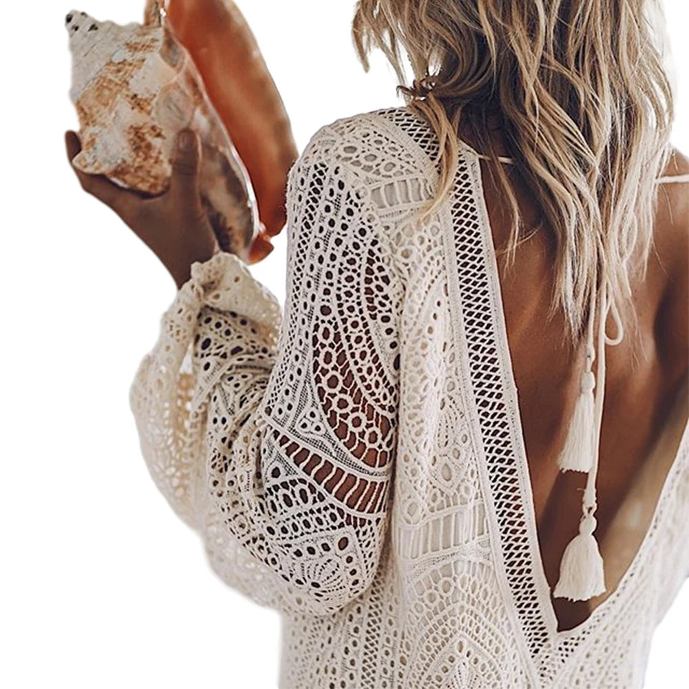 Combhasaki Women Summer Beachwear Solid Color Hollowed Out Long Lantern Sleeve Lace Flower Deep V-neck Backless Short Mini Dress