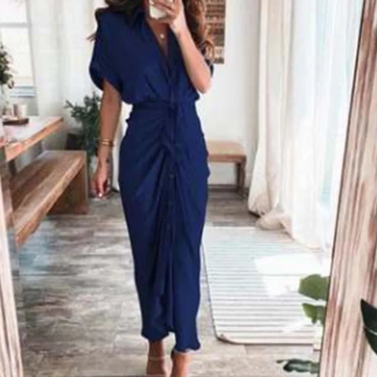 Sexy Irregular Long Dress For Women Fashion V-neck Lace-up Wrinkled Buttoned Dress Elegant Short Sleeves Clothing Ropa De Mujer