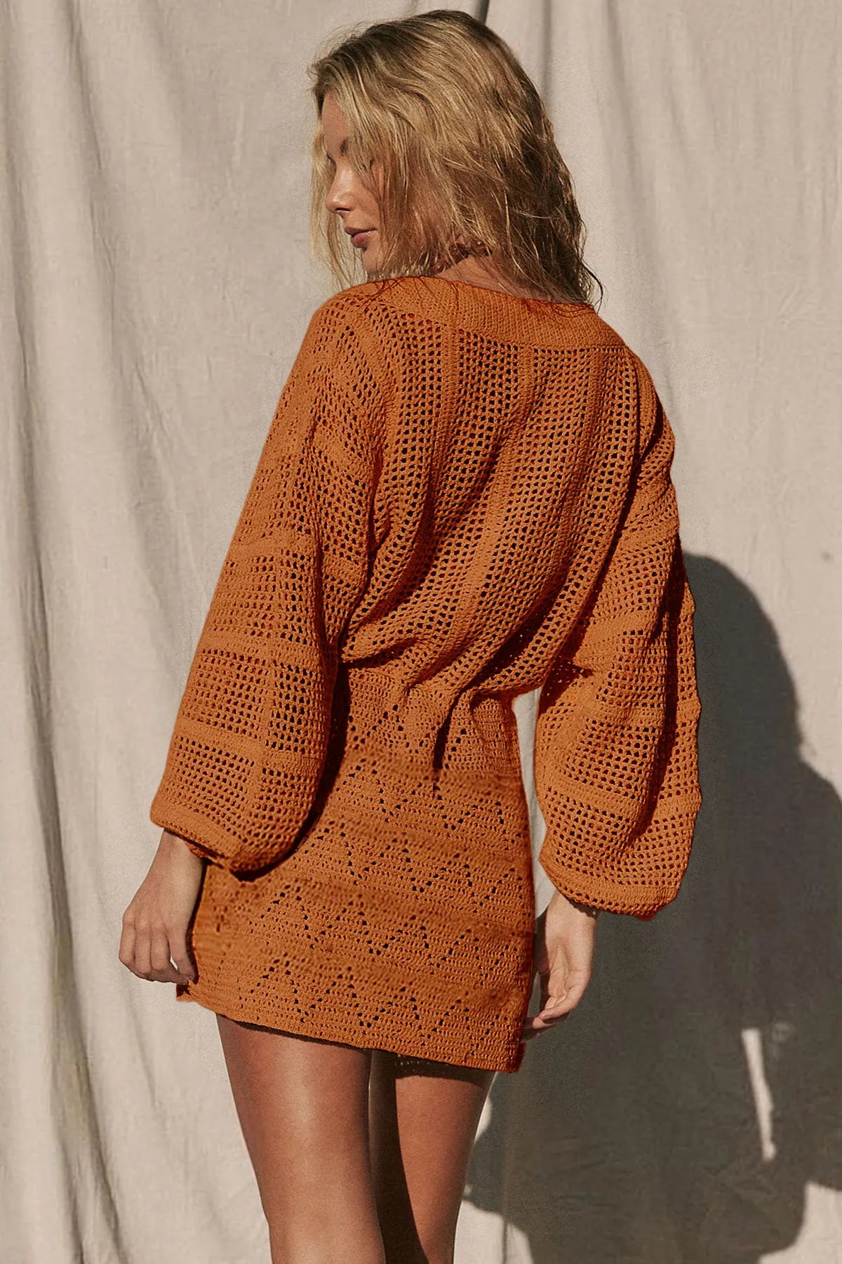 Sexy Deep V-neck Lace-up Bell Sleeve Knit Mesh Hollow Out Beach Mini Dress 2025 Summer Swimsuit Cover Up Women Casual Tunic K14