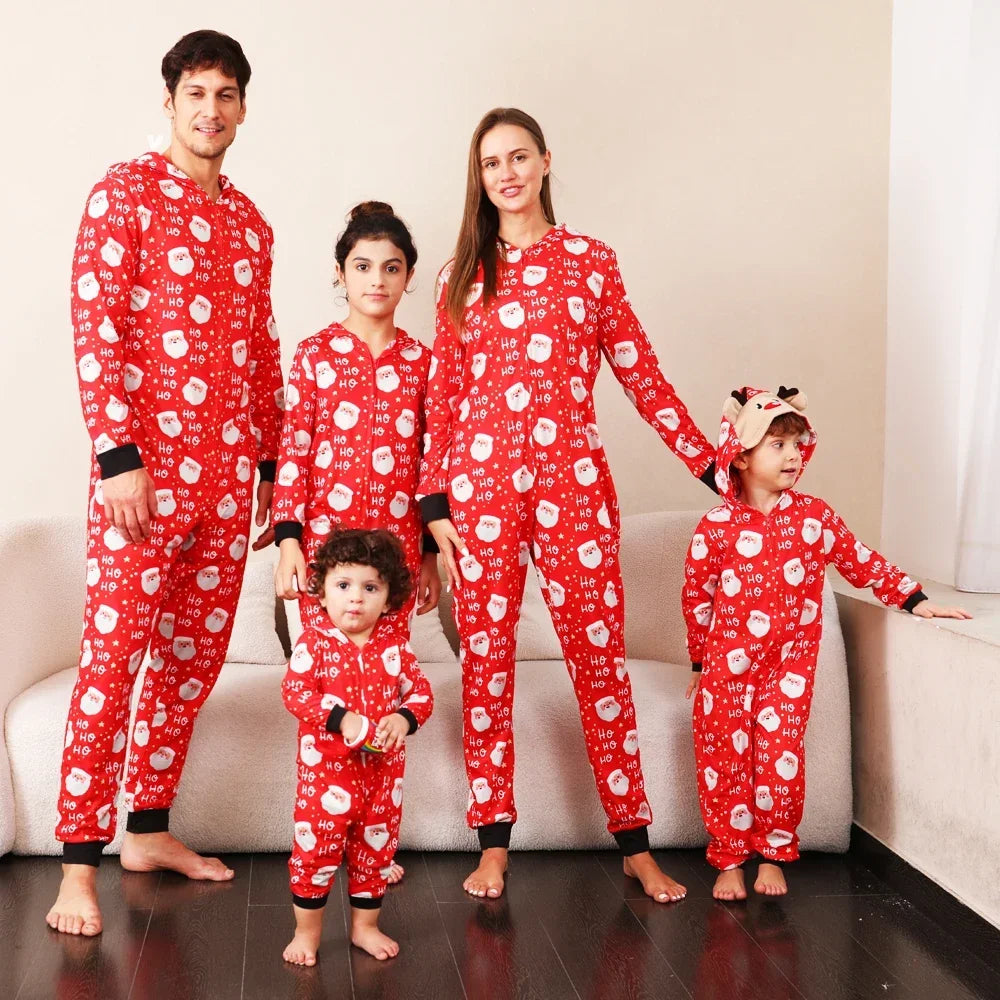 Christmas Gift Mother Father Kids Matching Outfits Cute Deer Ear Hooded Romper Overall Soft Loose One-Piece Pajamas Family Look
