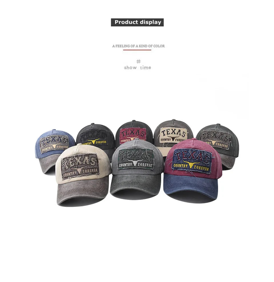 Baseball Cap Sun hat Retro-style Washed denim TEXAS Color matching Shut and run Spring Autumn baseball Hip Hop Fitted Cap