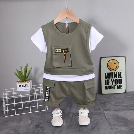 New Children Cotton Clothes Summer Kids Boys Patchwork T Shirts Shorts Pants 2Pcs/sets Infant Kids Toddler Tracksuits 0-5 Years