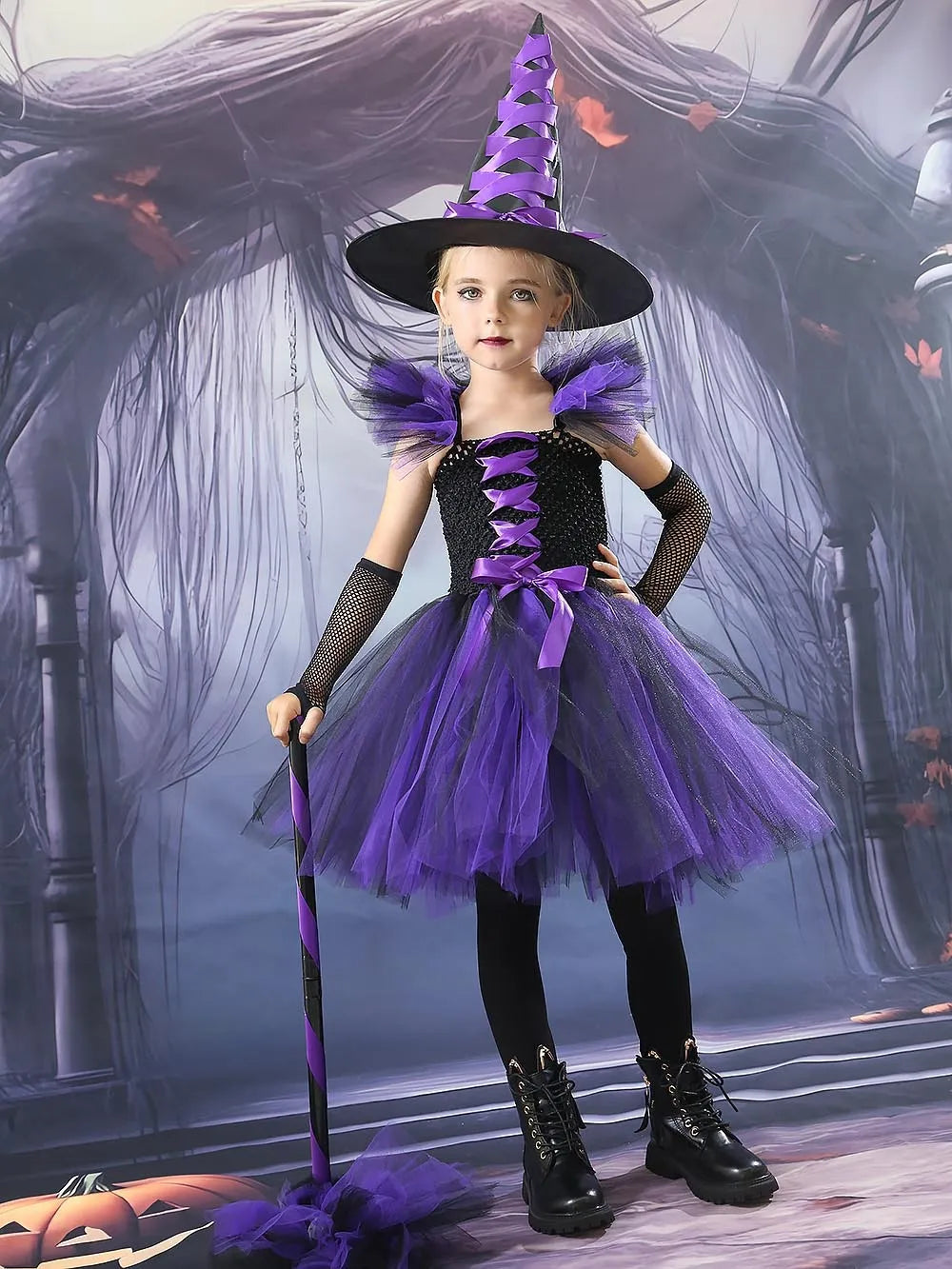 Halloween New Witch Dress Cosplay Costume Dress for Girl Carnival Party Dress Hat Broom Fancy Clothes Suit