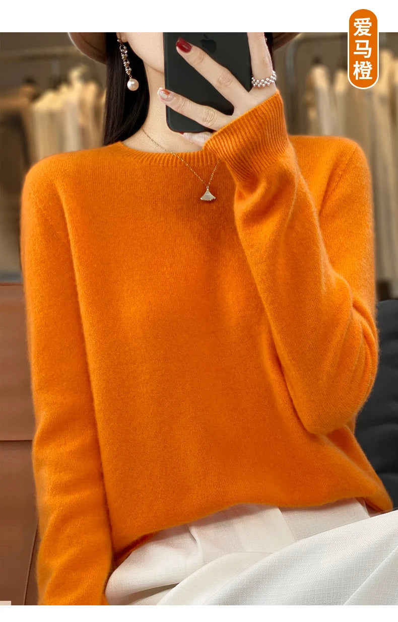 100% Merino Wool Sweater Women O-neck Cashmere Knitwear Female Pullover Autumn Winter Casual Tops Solid Color Soft  Clothing