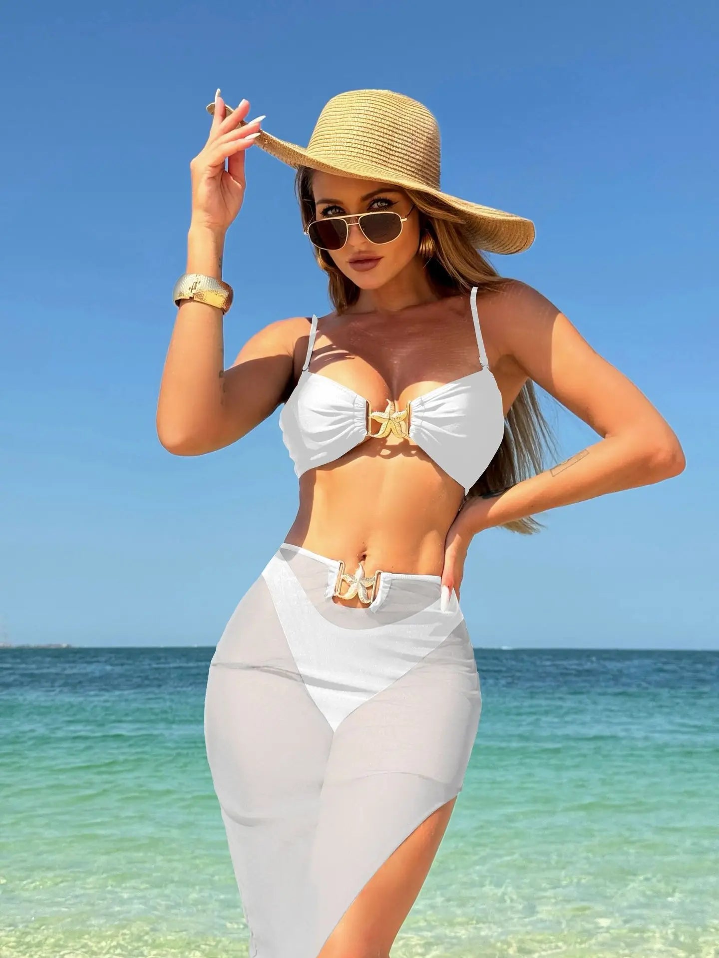 Women's 3 Piece Swimsuit Metal Starfish Bikini Set High Waist Yarn Skirt Cover-ups Suspender Backless Swimwear 2025 Summer New