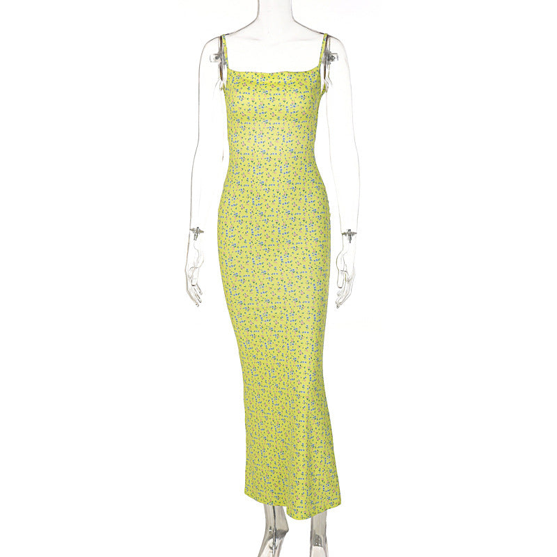 Women Elegant Dress Sexy Spaghetti Strap Sleeveless Backless Slim Fit Floral Printed Long Dresses Summer Bodycon Dress Y2K
