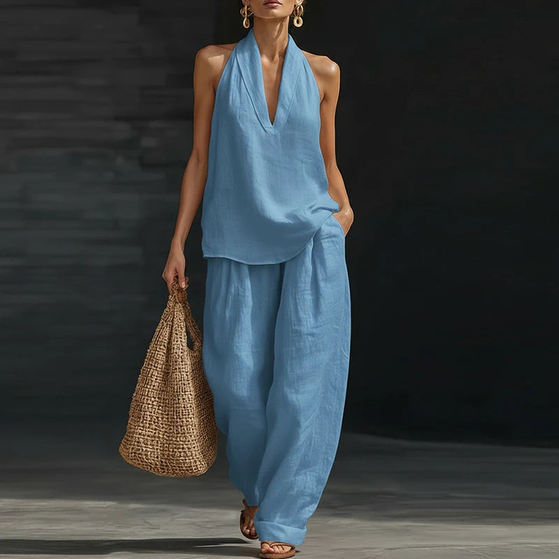 Summer Women Sleeveless Shirt Halter Vest High Waist Pocket Loose Pants Suit Women Casual Two Piece Female Loungewear Ses