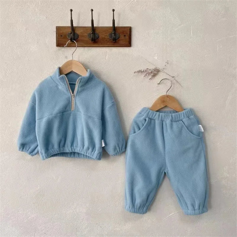 Kids Fleece Warm Set Winter Plus Velvet Outfits Long Sleeved Pullover Tops+Pants 2Pcs Autumn Children's Casual Clothing Suits