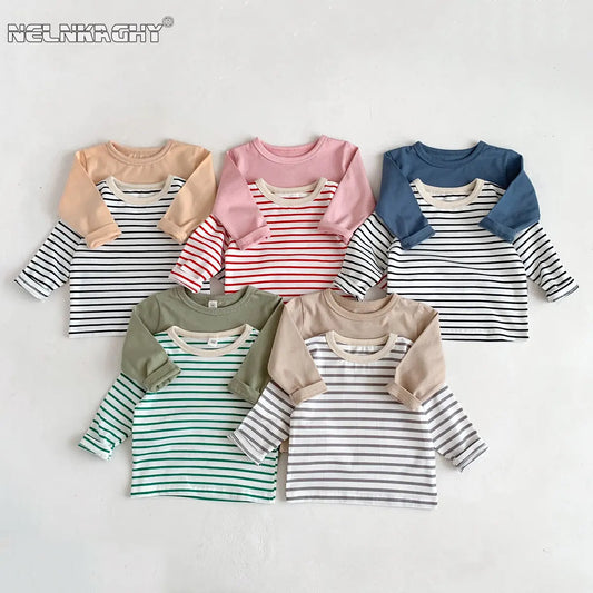 Infant Newborn Girls Boys Autumn Full Sleeve Striped Top Tees Kids Baby Casual Bottoming Shirts Toddler T-shirts Cotton Clothing