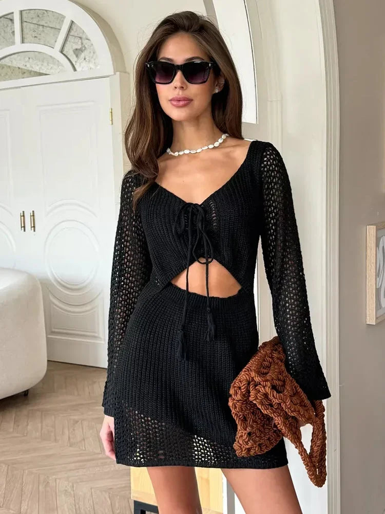 2024 Women Solid Knitted Cut Out Swimwear Cover Up Sexy V-neck Lace-up Bell Sleeve Beach Mini Dress Summer Holiday Outfits A3096