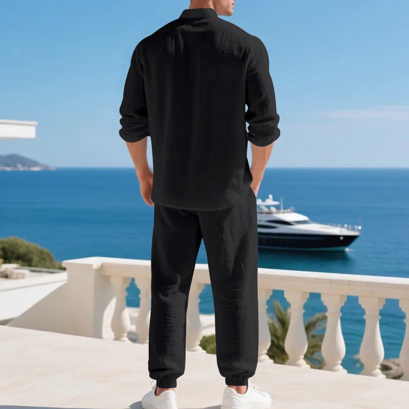 American loose linen set for men autumn Hawaiian home commuter thin Henry shirt long sleeve pants set