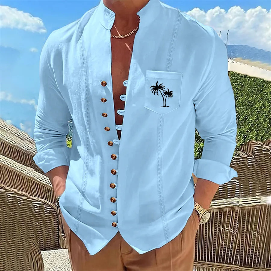 Men's long sleeved casual solid color coconut tree print shirt casual cardigan 11 button long sleeved top