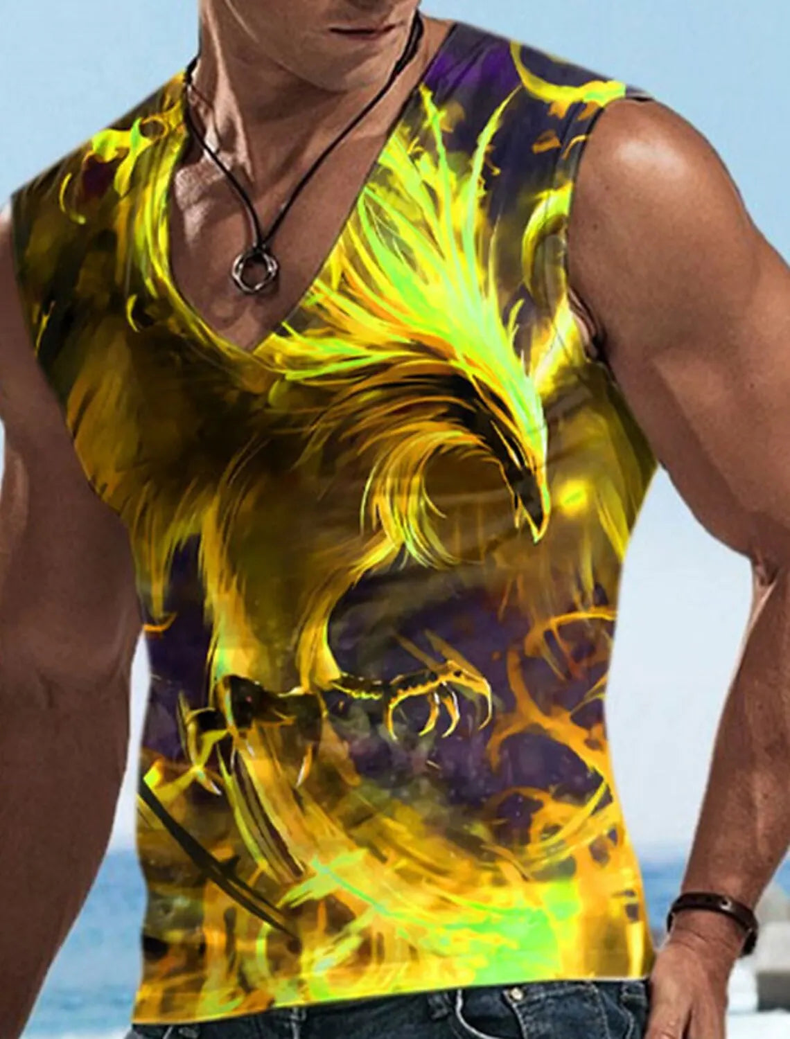 Men\'s Vest Sleeveless T Shirt Patterned Spliced Flame Shirt Casual Muscle V Neck Clothing 3D Printed Sports Running Fitness