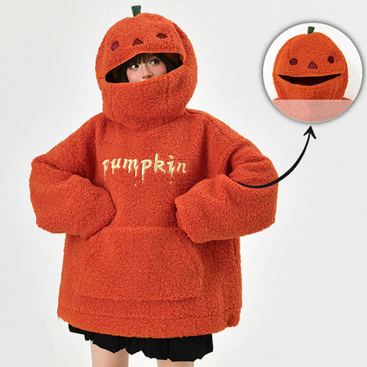 Women's Halloween Pumpkin Shaped Hoodie Autumn Round Neck Hooded Sweatshirt Double-Faced Fleece Cute Halloween Sweater Tops