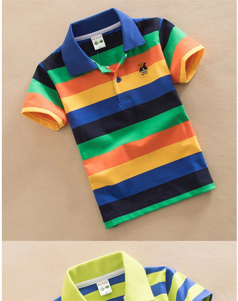 T-shirt For Boys Summer Children Short Sleeve Stripe Tees Cartoon Bear Embroidery Tops Teens Breathable Polo Shirt Kids Clothing