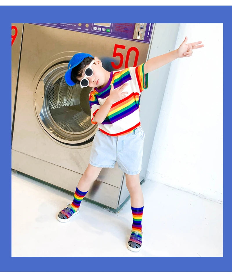 Fashion Rainbow Socks for Kids Spring Summer Colourful Stripe Breathable Cotton Girls Boys Tube Socks School Long Socks 1-8 Year