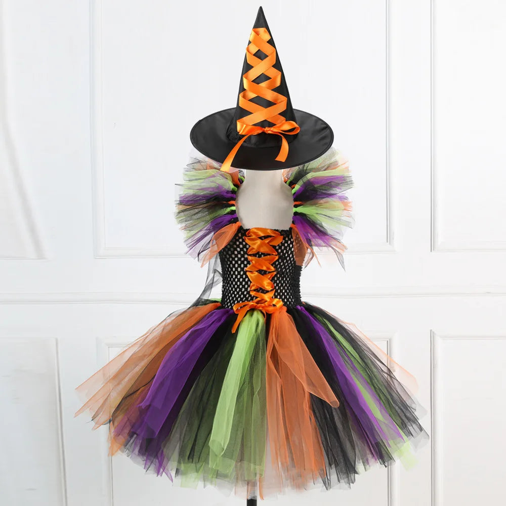 Halloween New Witch Dress Cosplay Costume Dress for Girl Carnival Party Dress Hat Broom Fancy Clothes Suit