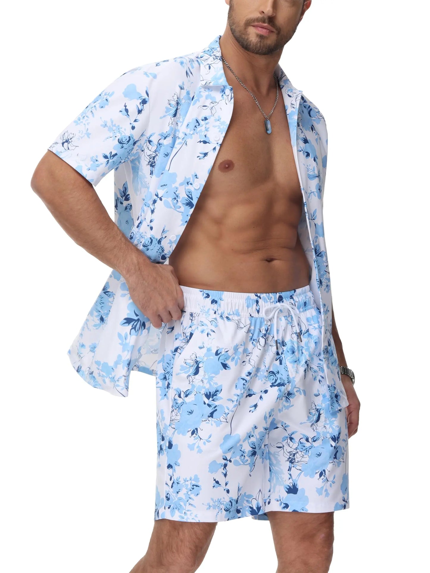 Men’s Hawaiian Shirt Shorts Set 2 Piece Tropical Print Short Sleeve Button Down Breathable Summer Beach Vacation MAGCOMSEN
