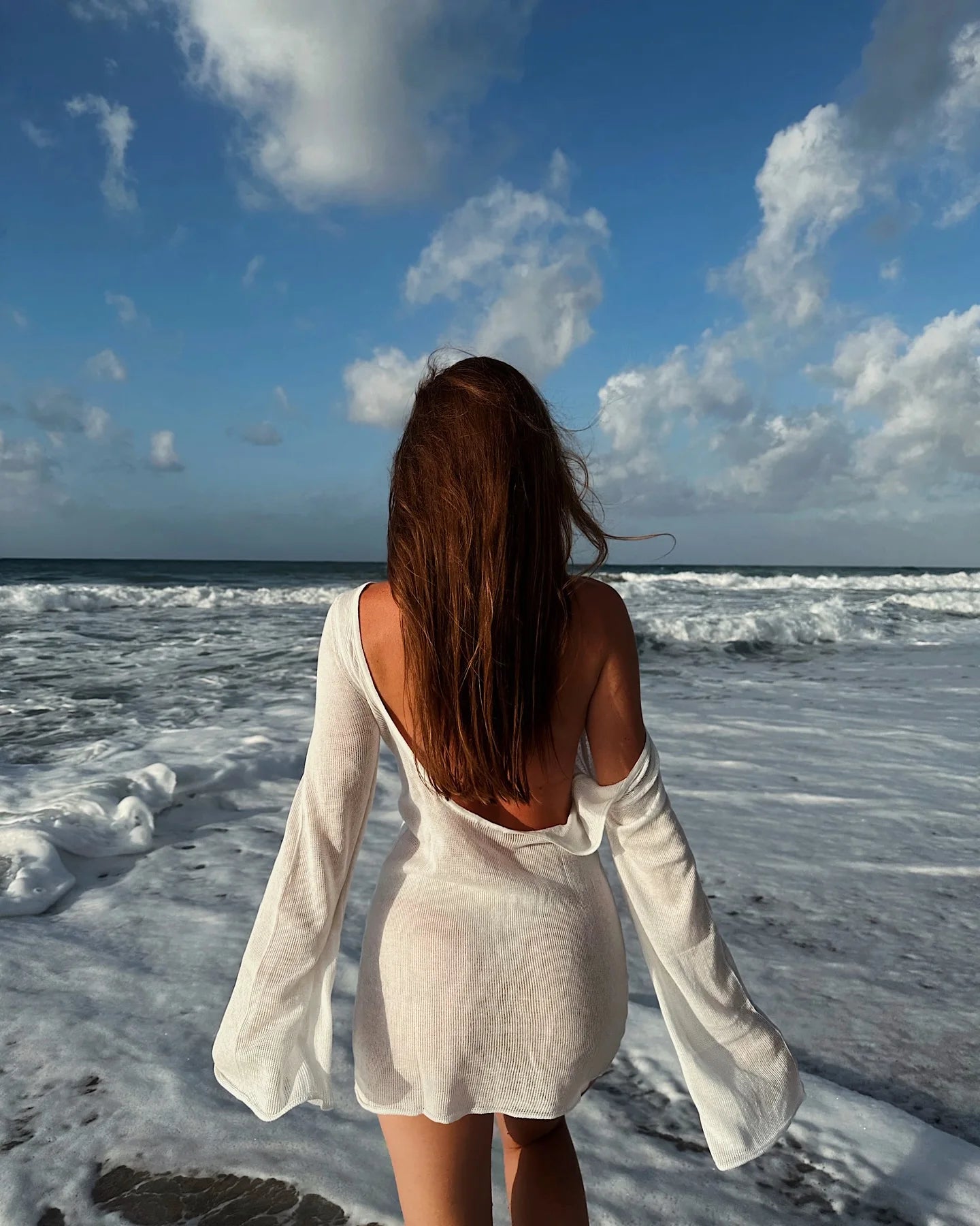 Summer Seaside Women's Solid Knit Mini Dress 2025 Sexy Backless Bell Sleeve See Through Short Dress Beach Swimsuit Cover Up K98