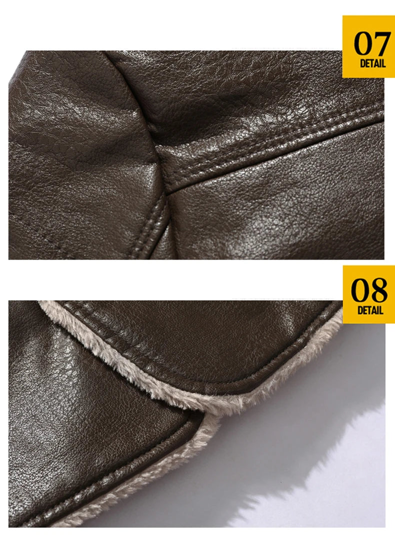 2023 Men Winter Long Thick Fleece PU Leather Jacket New Winter Fashion Suit Collar Men's Windbreaker Leather Jacket Coats