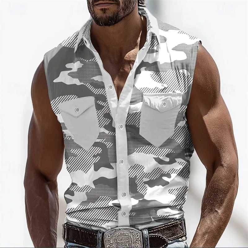 New Hawaiian Men's Sleeveless Shirt Coconut Print Simple Fashion Breathable Shirt Flap Collar Shirt