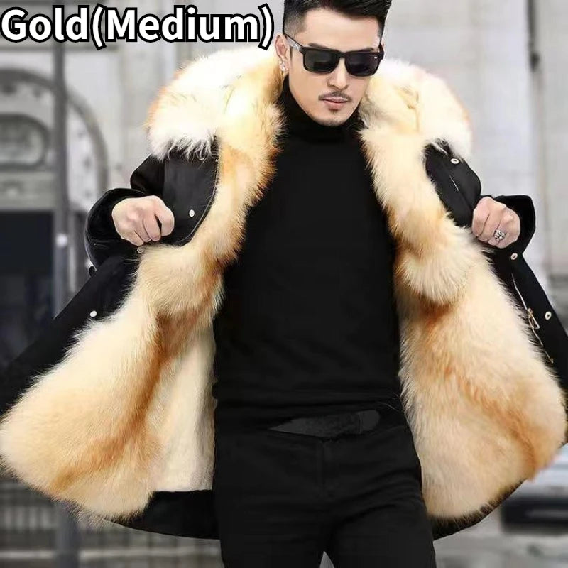 Faux Fur Coat Loose OverCoat Thick Warm Men Plush Coats Fox Hair Inner Liner Detachable Collar Long Fur Parkas Fur Jacket