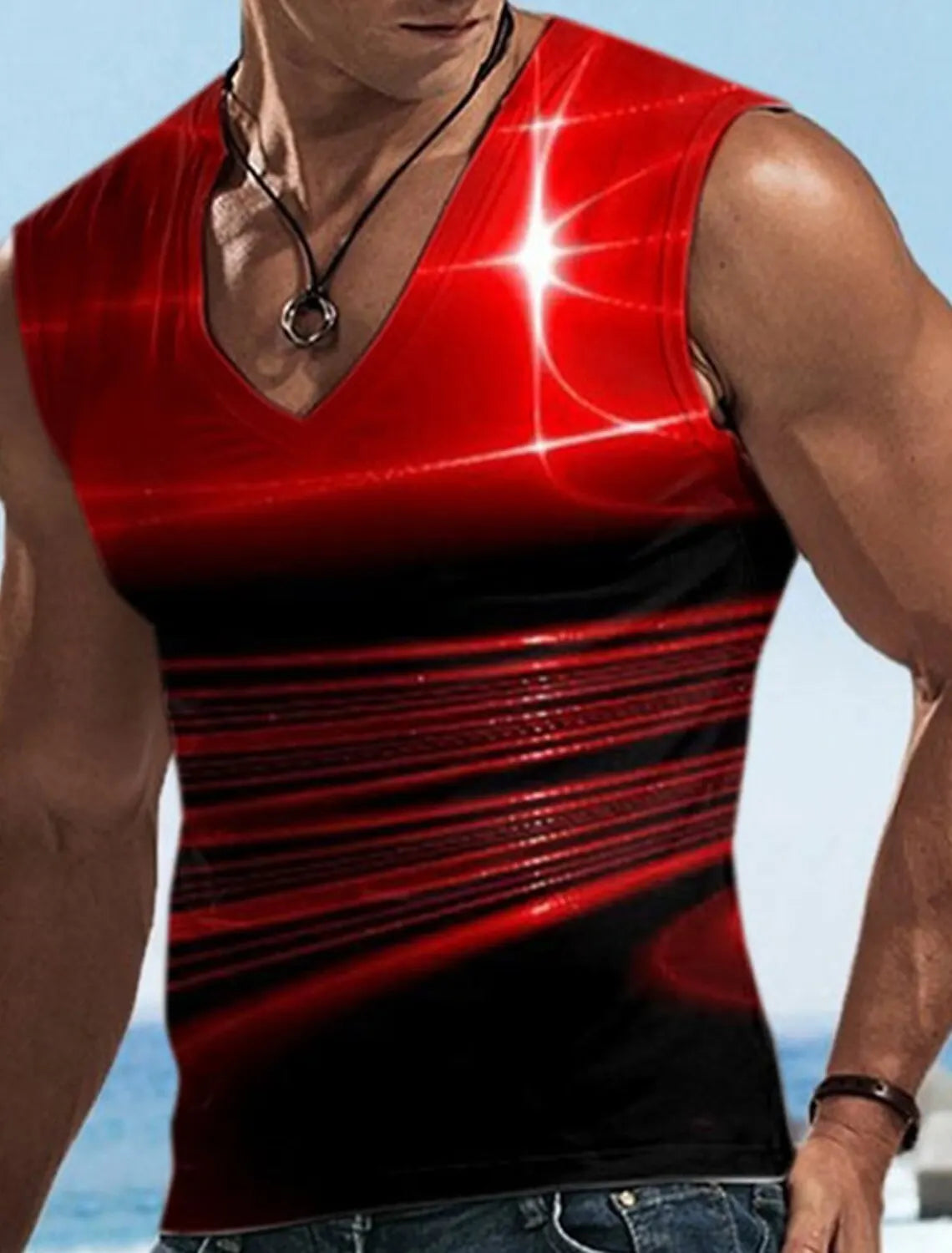 Men\'s Vest Sleeveless T Shirt Patterned Spliced Flame Shirt Casual Muscle V Neck Clothing 3D Printed Sports Running Fitness