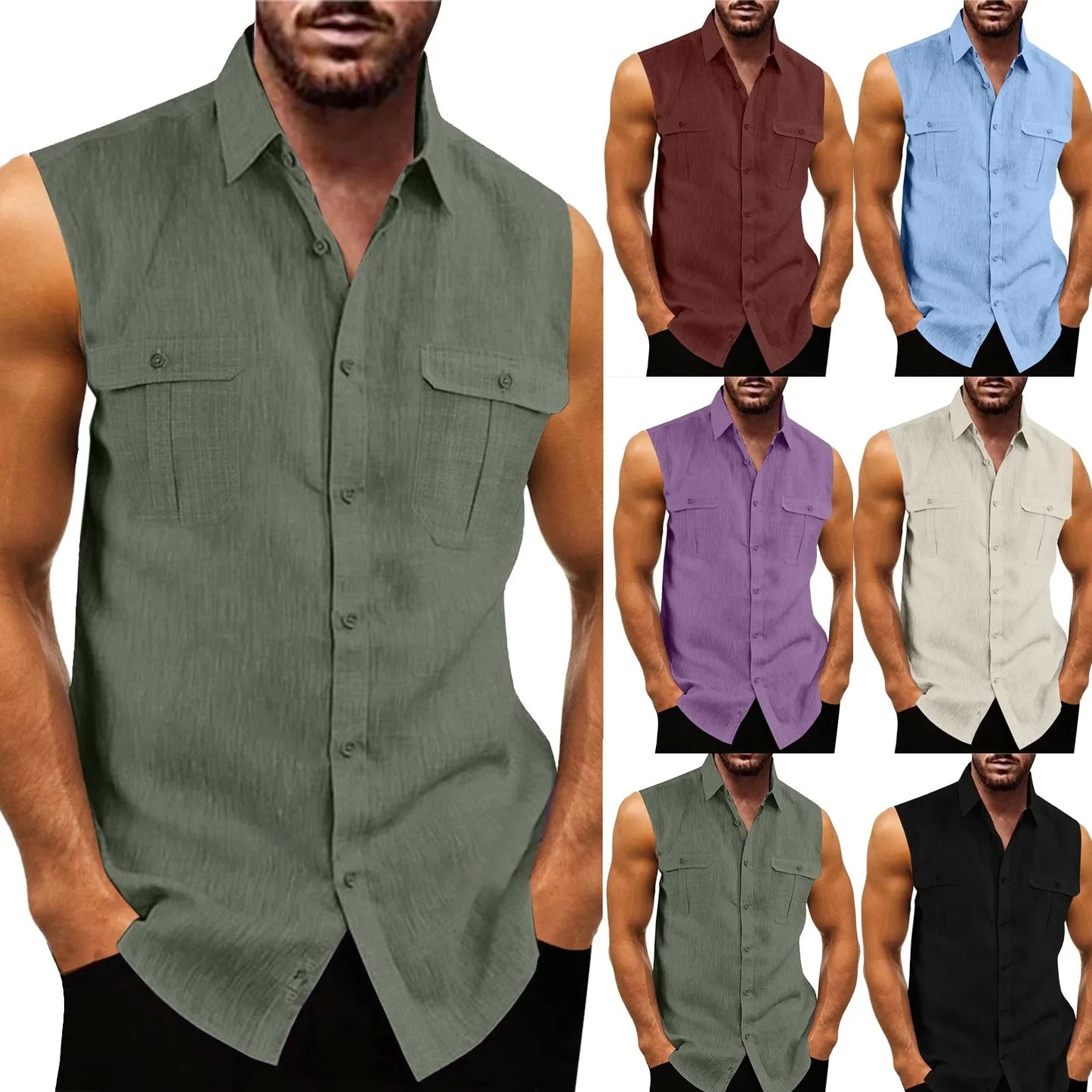 New Men's Shirts Vest Summer Cotton Linen Tops Solid Color Cardigan Sleeveless Loose Lapel Handsome Men's Shirts Casual Blouse