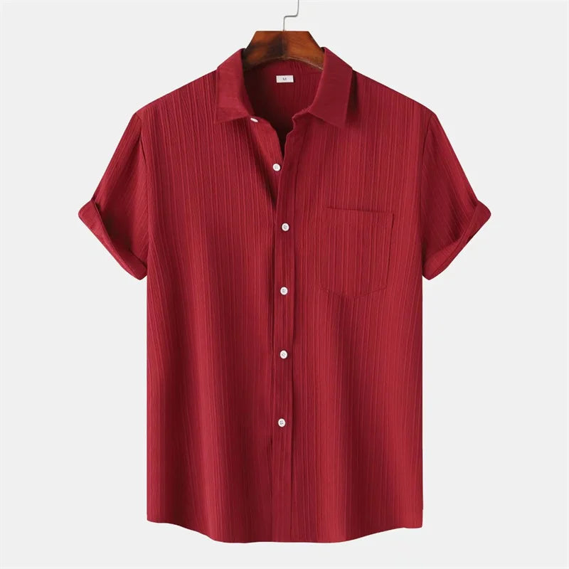 New 9 Color Men's Solid Striped Shirt Summer Fashion Short Sleeve Flap Top Men Casual Holiday Everyday Men