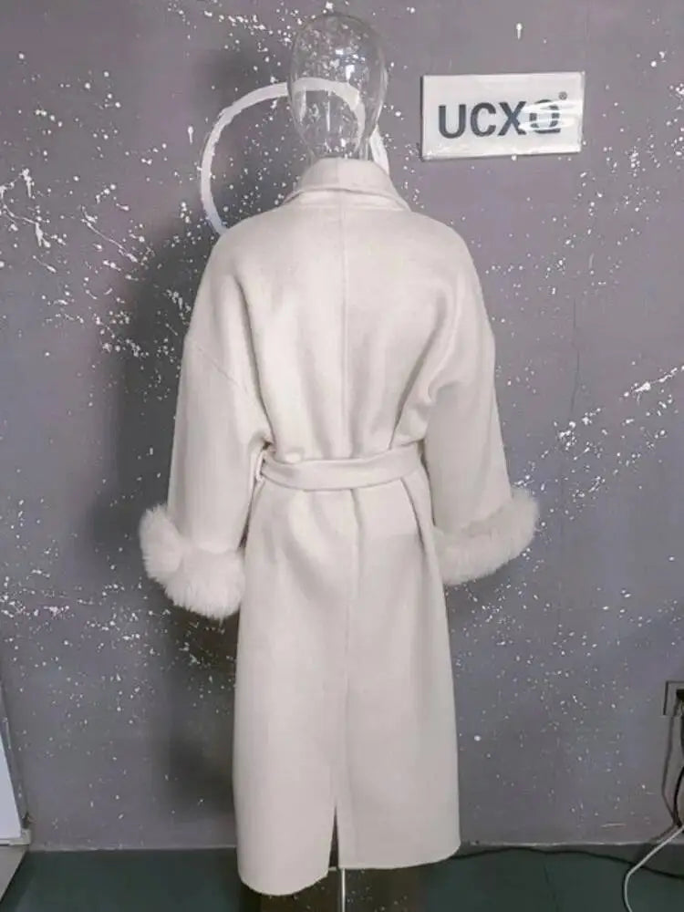 UCXQ Elegant OL Office Lady Overcoats Fur Patchwork Long Sleeve Woolen Coat Beautiful Women's Clothing Jacket Autumn 2025 Winter