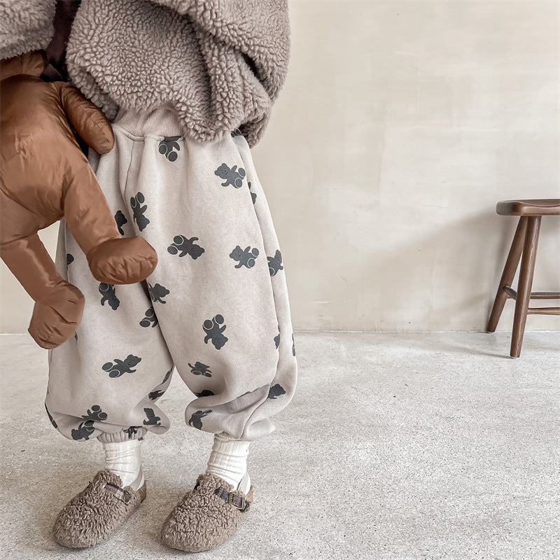 Winter Boys and girls cartoon bears inner fleece sweatpants Children thicken warm loose Trousers