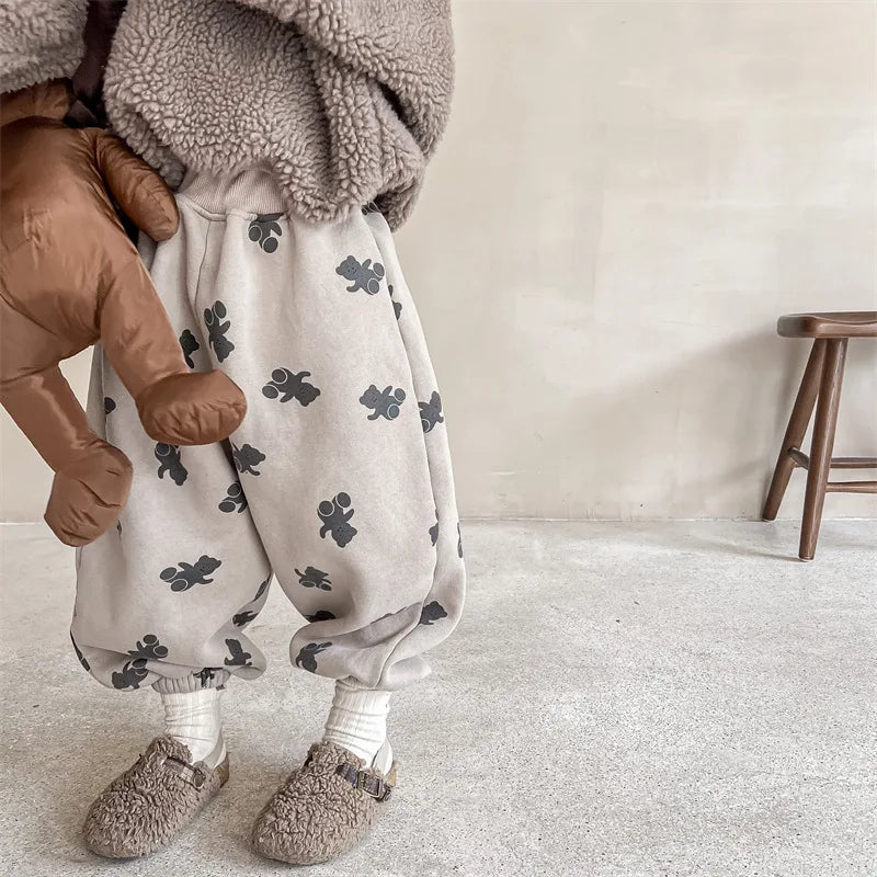 Winter Boys and girls cartoon bears inner fleece sweatpants Children thicken warm loose Trousers