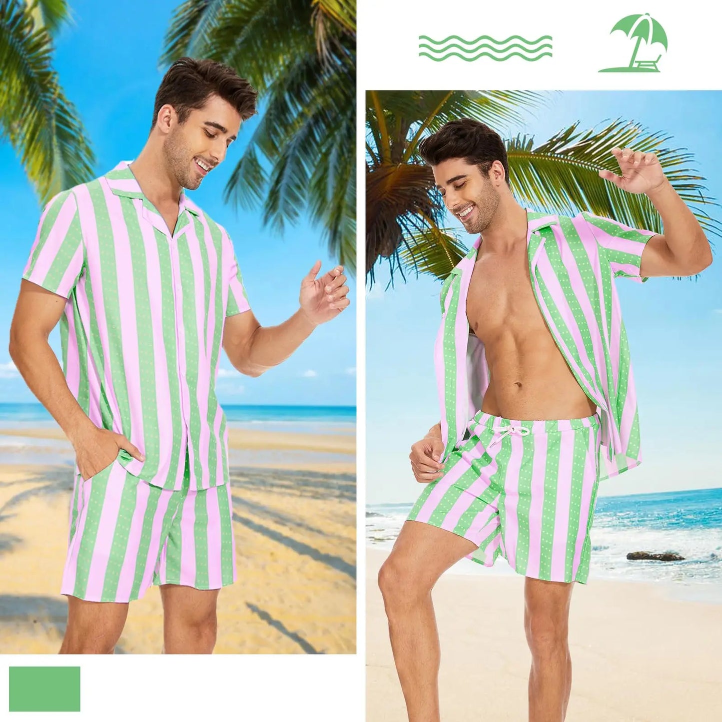 Summer New Men's Short Sleeve Shirt and Shorts 2 Piece Set Fashion Coconut Tree Print Lapel Shirt Beach Drawstring Shorts Set