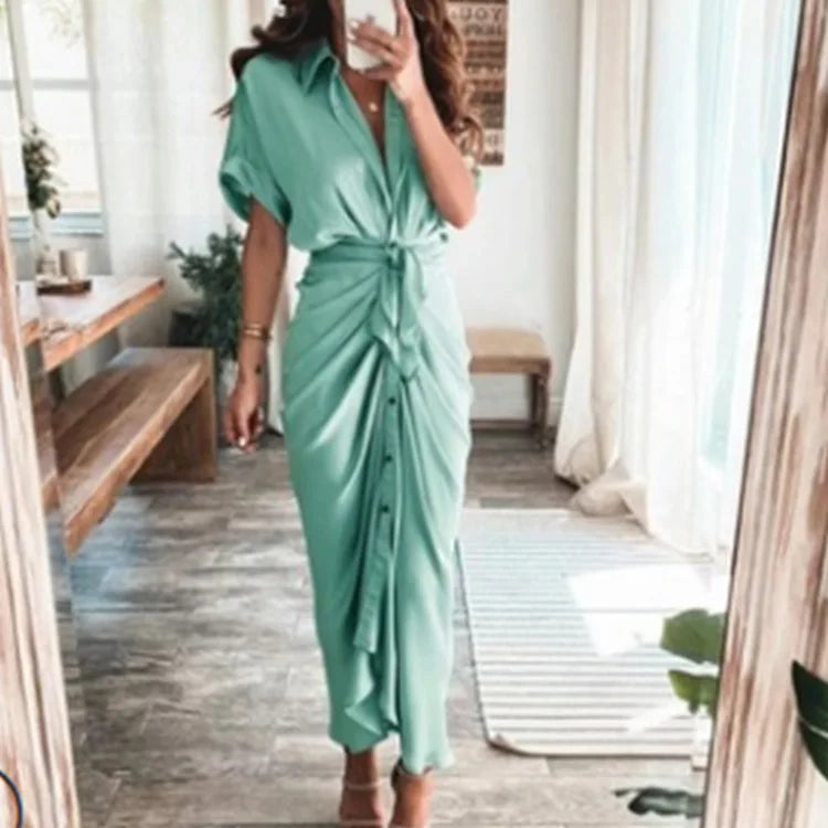Sexy Irregular Long Dress For Women Fashion V-neck Lace-up Wrinkled Buttoned Dress Elegant Short Sleeves Clothing Ropa De Mujer