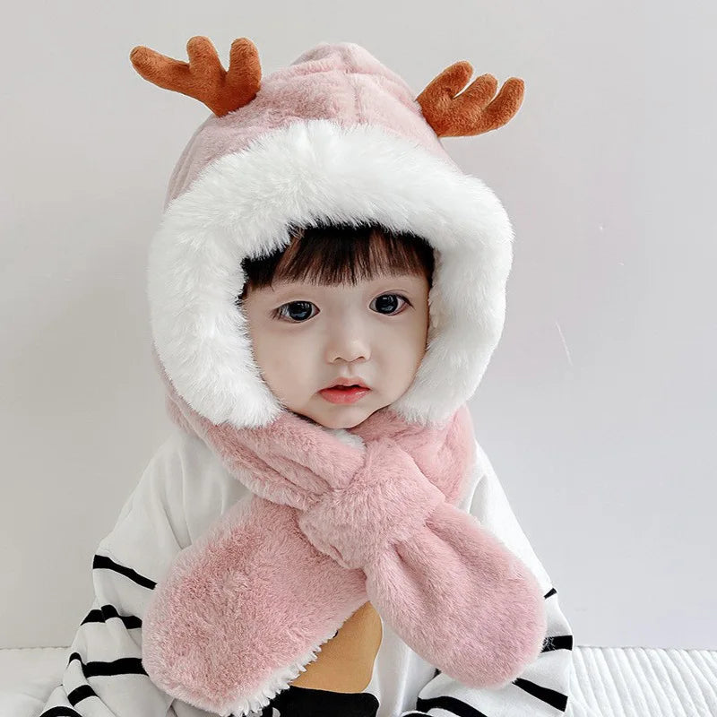 Winter Baby Hat Scarf One-Piece Faux Fur Baby Bonnet Infant Cap Kids Hats for Girls Boys Ears Neck Warmer Children Beanie 6-30M