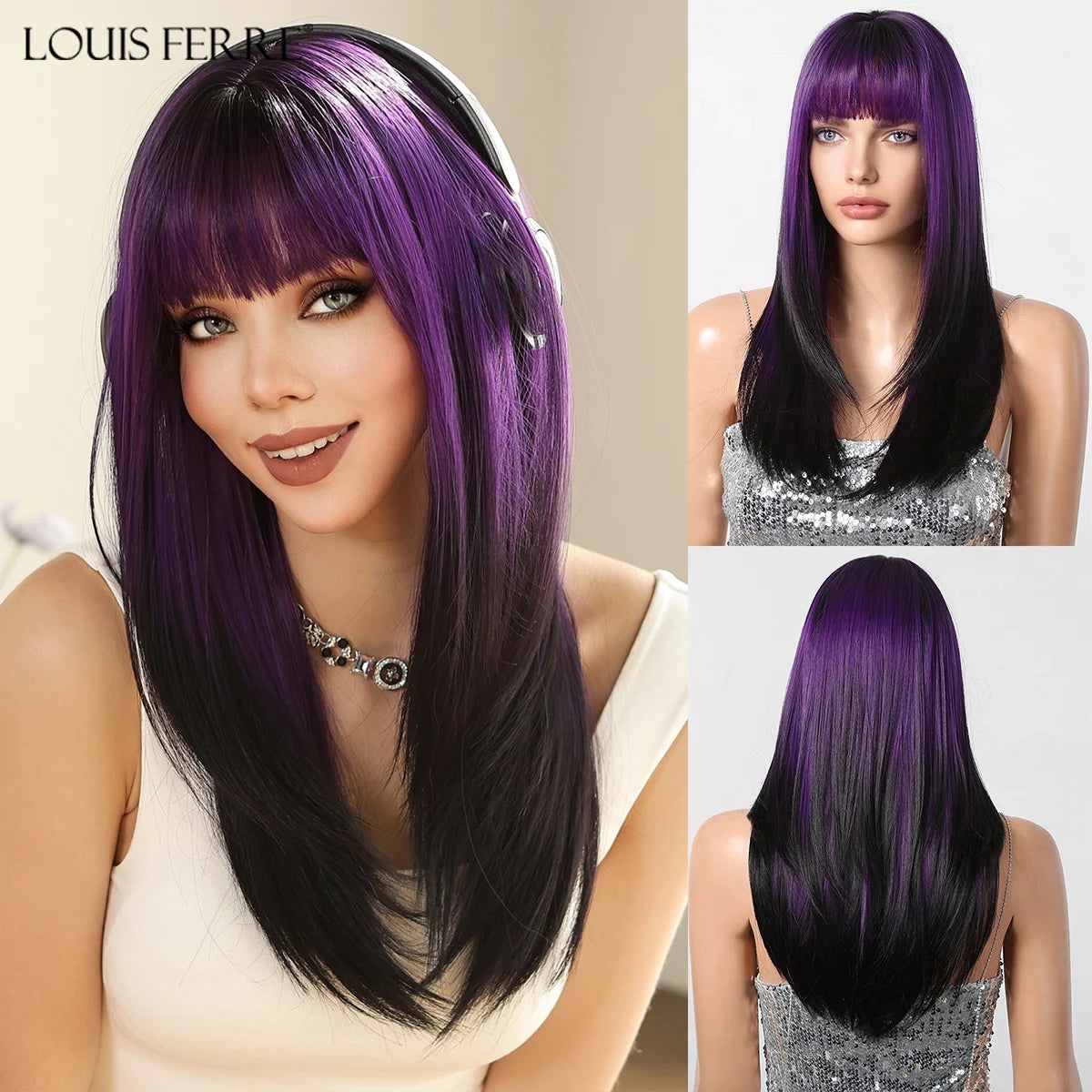 LOUIS FERRE Black Pink Ombre Synthetic Wigs for Cosplay Long Straight Layered Wigs with Bangs for Women Heat Resistant Fake Hair