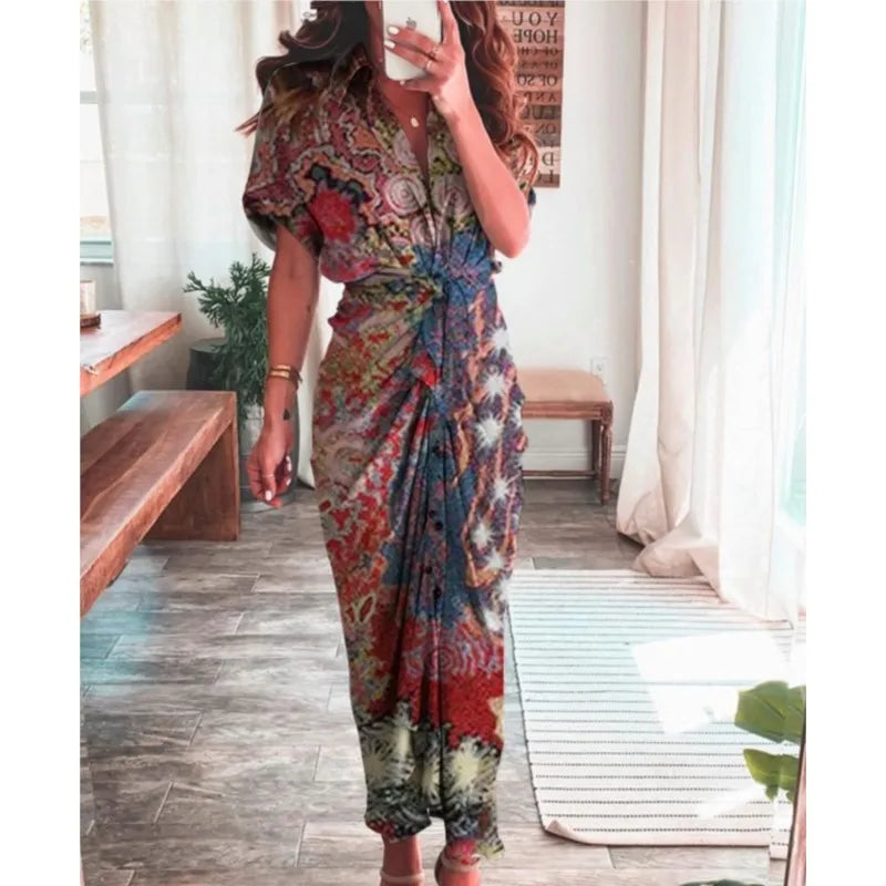 Sexy Irregular Long Dress For Women Fashion V-neck Lace-up Wrinkled Buttoned Dress Elegant Short Sleeves Clothing Ropa De Mujer