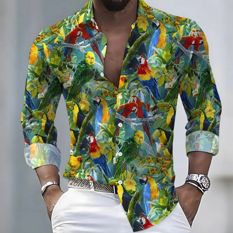 2026 New Hawaiian Style Coconut Tree Print Long-Sleeve Shirt, Stylish Print Men's Casual Vacation Loose Collar Hawaiian Shirt