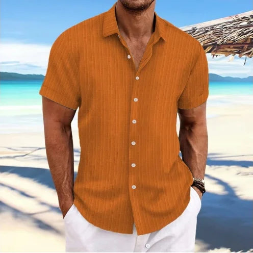 Simple And Versatile Summer New Men's Cotton And Linen Striped Jacquard Shirt Casual Comfortable Loose Short-Sleeved Shirt