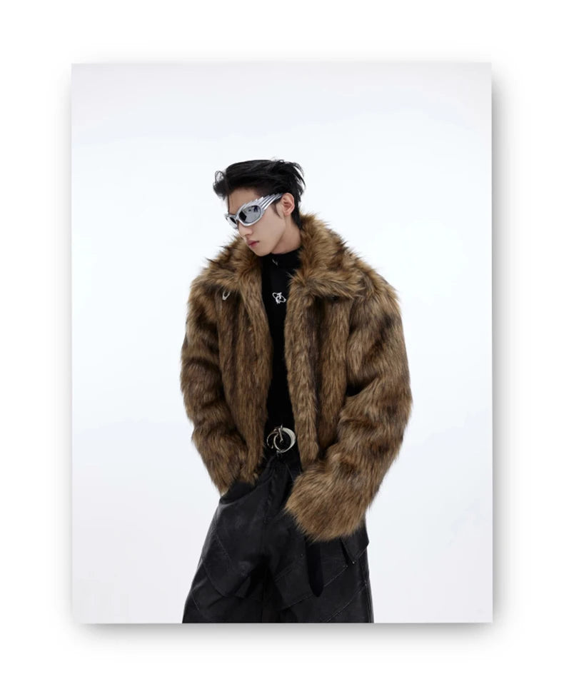 Mauroicardi Winter Short Thick Warm Brown Hairy Soft Faux Fur Coat Men with Turn-down Collar Long Sleeve Fluffy Jackets 2024