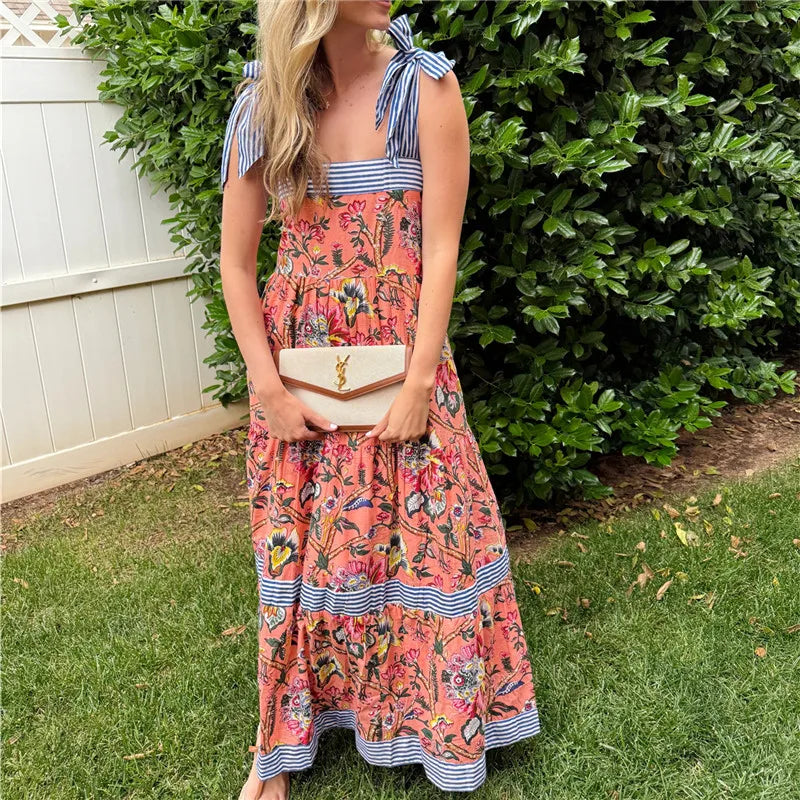 hirigin Women Summer Boho Maxi Dress Vintage Floral Tie Shoulder Flowy Long Dress Square Neck Ruffle Tiered Beach Sundress