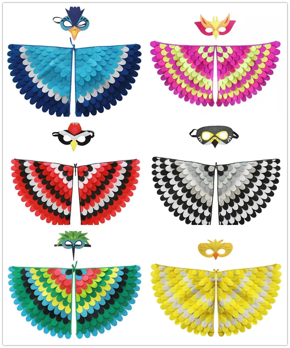 Kids Cosplay Costume Stage Performance Owl Peacock Wings Bird Felt Cape with Mask for Girls Boys Halloween Party Cloak