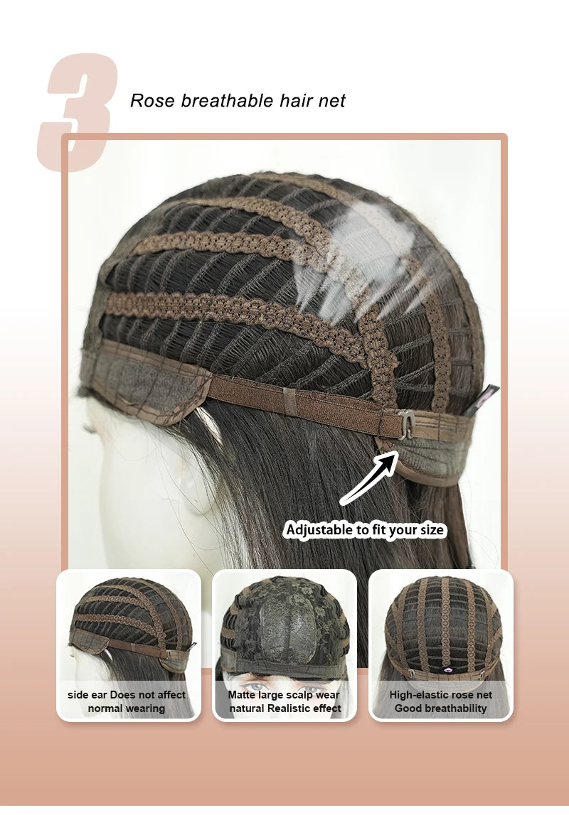 Pixie Cut Wigs Synthetic Short Straight Pink Brown Bob Wigs with Dark Roots High Density Layered Hair Wigs with Curtain Bangs