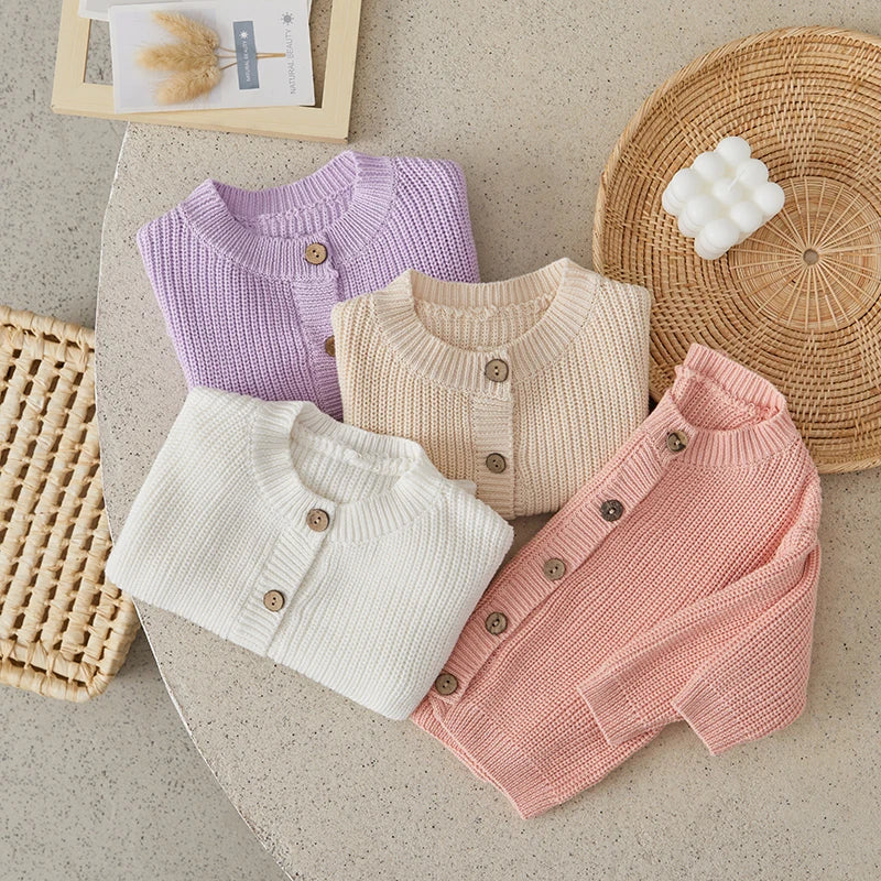 Suefunskry Baby Boys Girls Autumn Winter Knitted Sweater Long Sleeve Solid Color Single-breasted Knitwear Cardigan Jacket