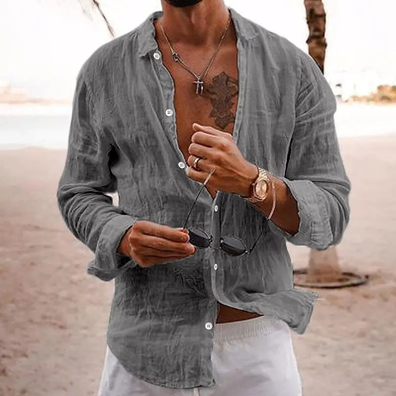 Men's Summer Shirt Casual Lightweight Solid Color Loose Single Breasted Lapel Cotton Linen Long Sleeve Shirt Vacation Beach Tops