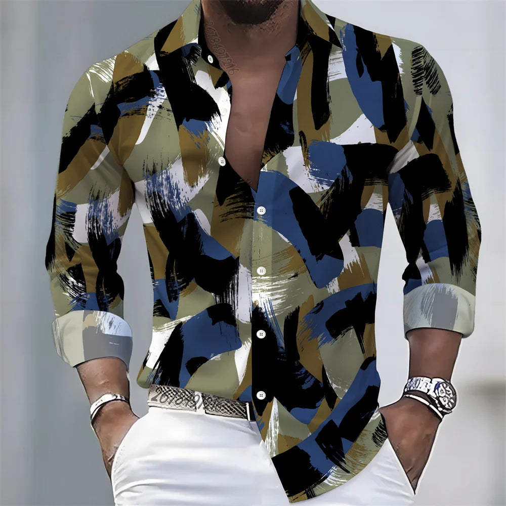 New men's artistic printed long-sleeved shirt, retro color-blocked design, casual shirt, versatile and stylish top for commuting