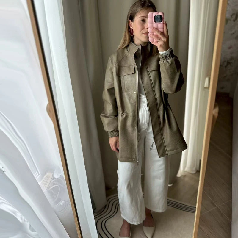 Women Fashion 2025 Fall / Autumn Pu Leather Jacket with Elastic adjustable waist Female Coat and Outerwear